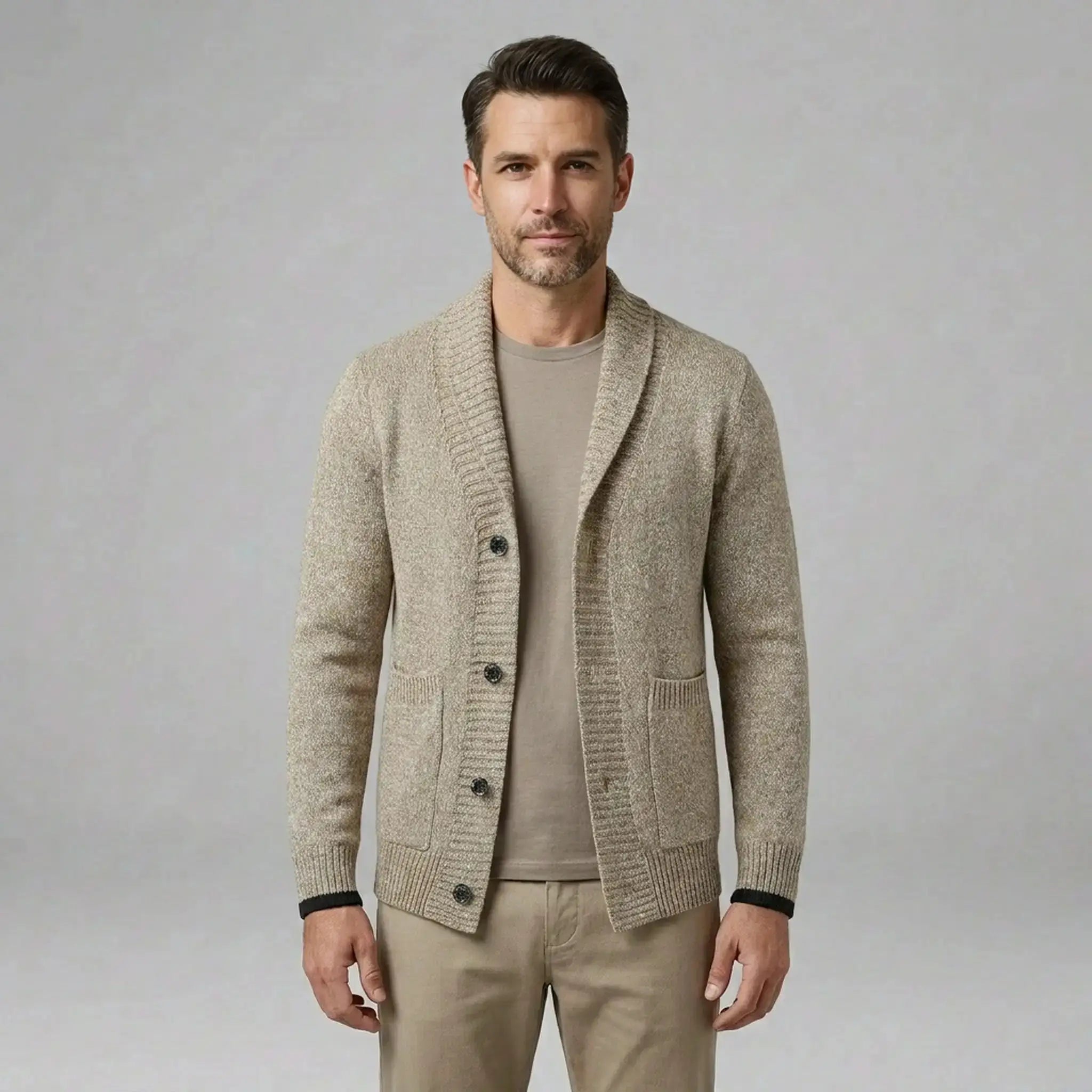 MannerCo men's slim fit khaki cardigan with shawl lapel button closure and ribbed trim
