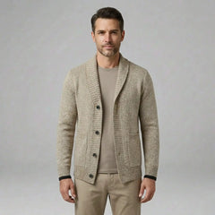 MannerCo men's slim fit khaki cardigan with shawl lapel button closure and ribbed trim