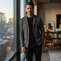 MannerCo men's dark gray slim fit cardigan sweater with lapel collar styled with black pants
