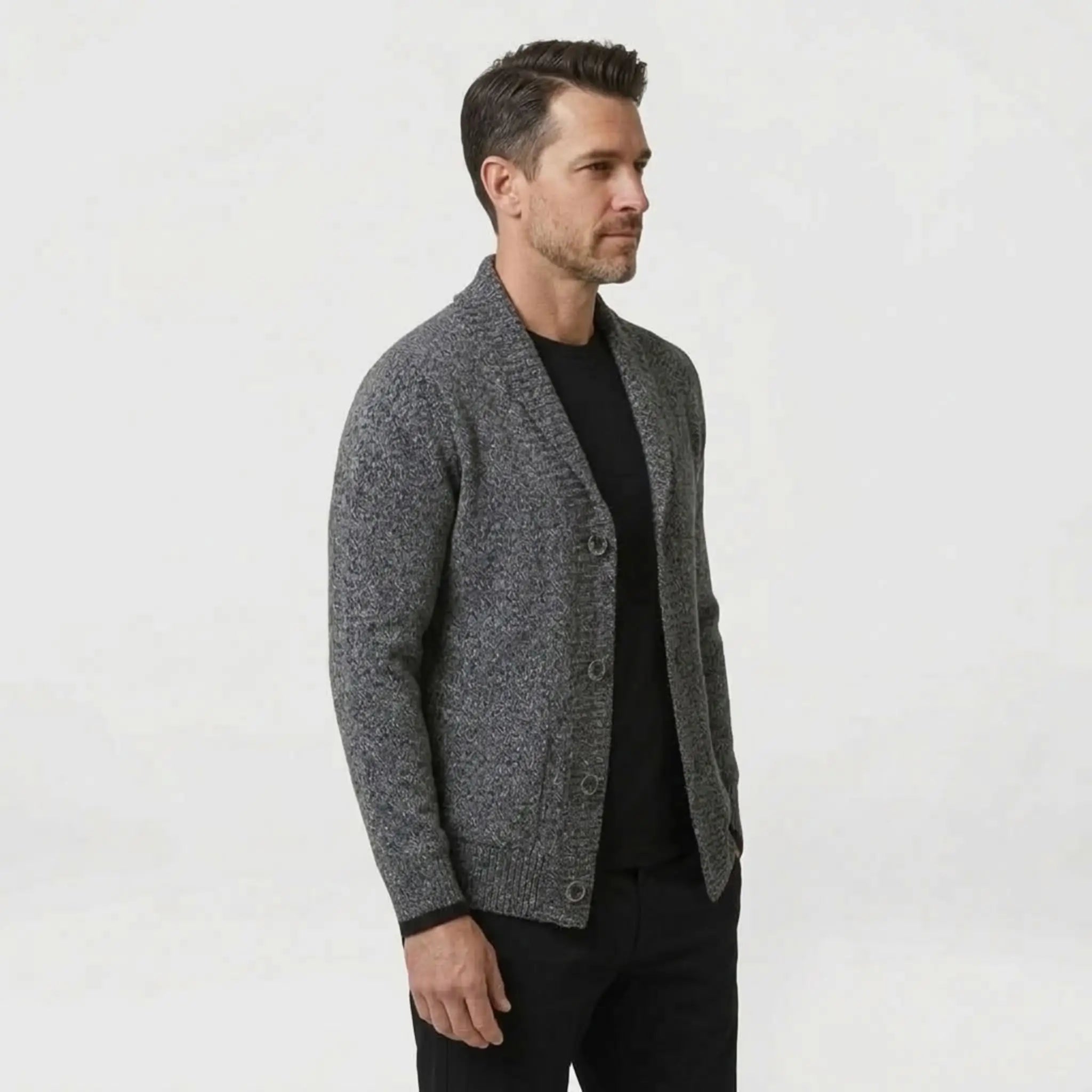 MannerCo men's dark gray slim fit cardigan sweater with lapel collar and buttons side view