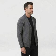 MannerCo men's dark gray slim fit cardigan sweater with lapel collar and buttons side view