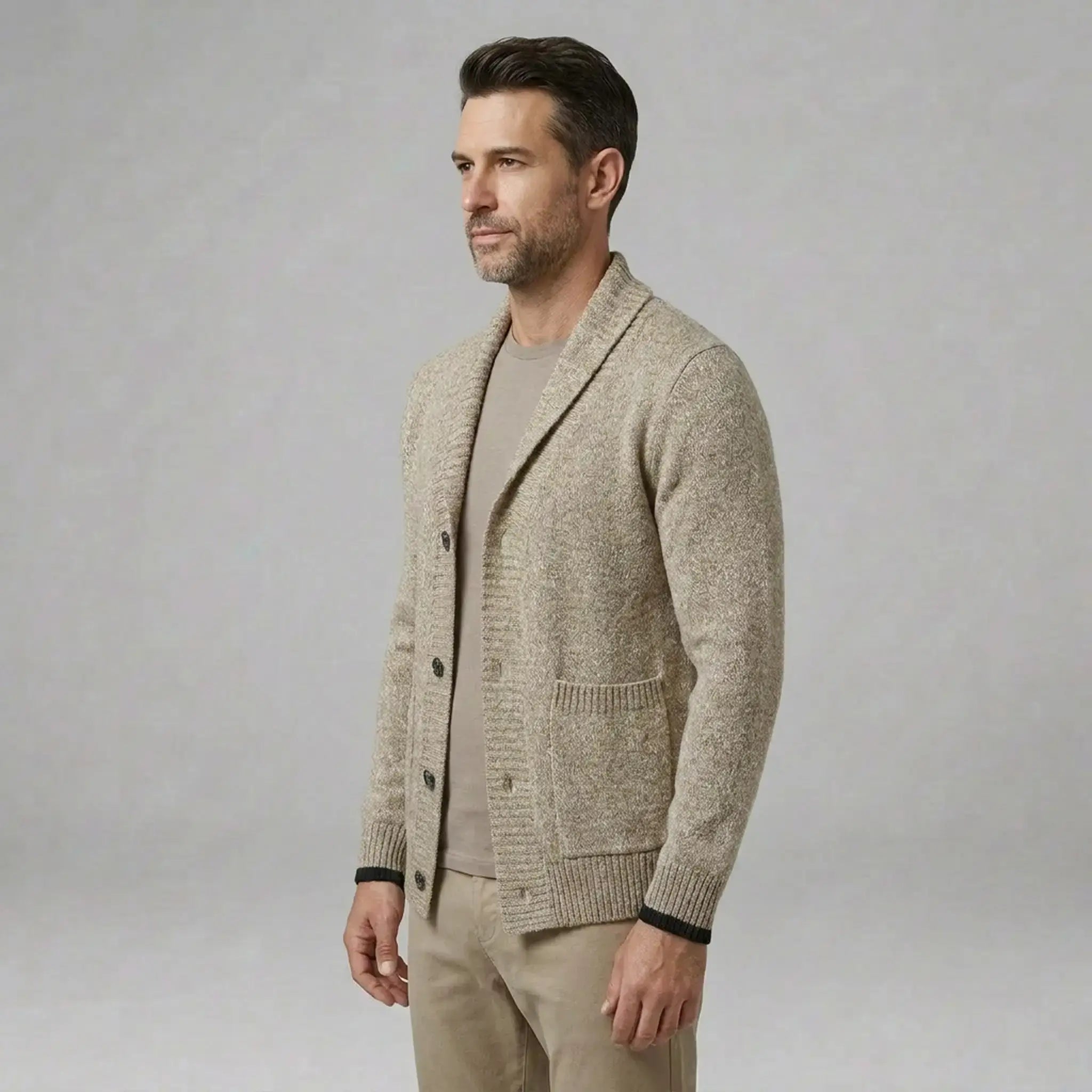 MannerCo men's khaki slim fit cardigan sweater with lapel collar and button closure side view