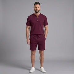 Waffle Stand Collar Shirt & Drawstring Shorts Set – Summer Outfit