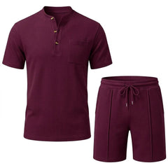Waffle Stand Collar Shirt & Drawstring Shorts Set – Summer Outfit