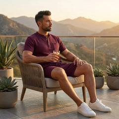 Man in claret waffle stand collar shirt and drawstring shorts in sunny outdoor scene