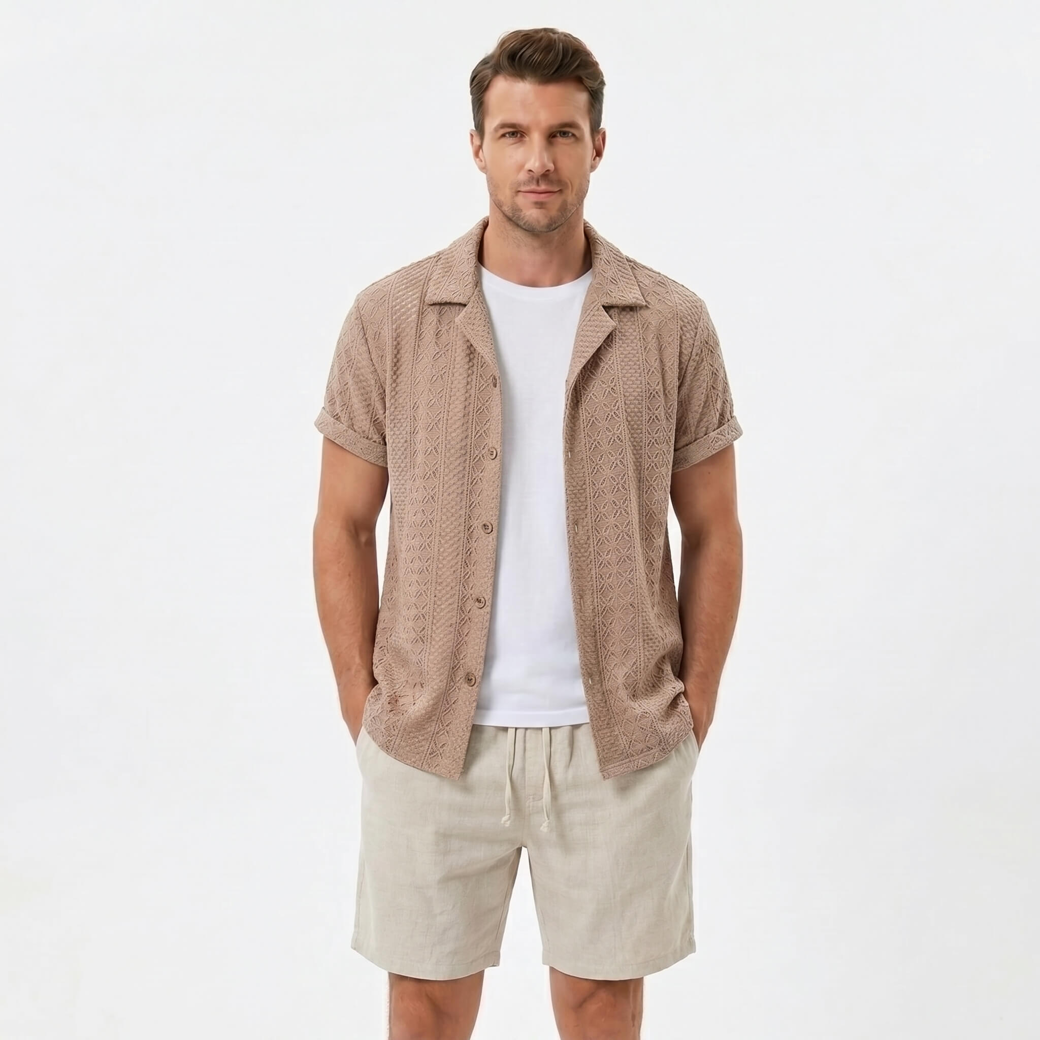 Man wearing a coffee brown floral checkerboard jacquard Cuban shirt and linen cotton drawstring shorts front view