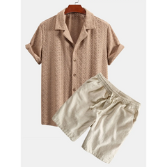 Floral Checkerboard Jacquard Cuban Shirt & Linen Cotton Drawstring Shorts - 2 Piece Summer Outfit