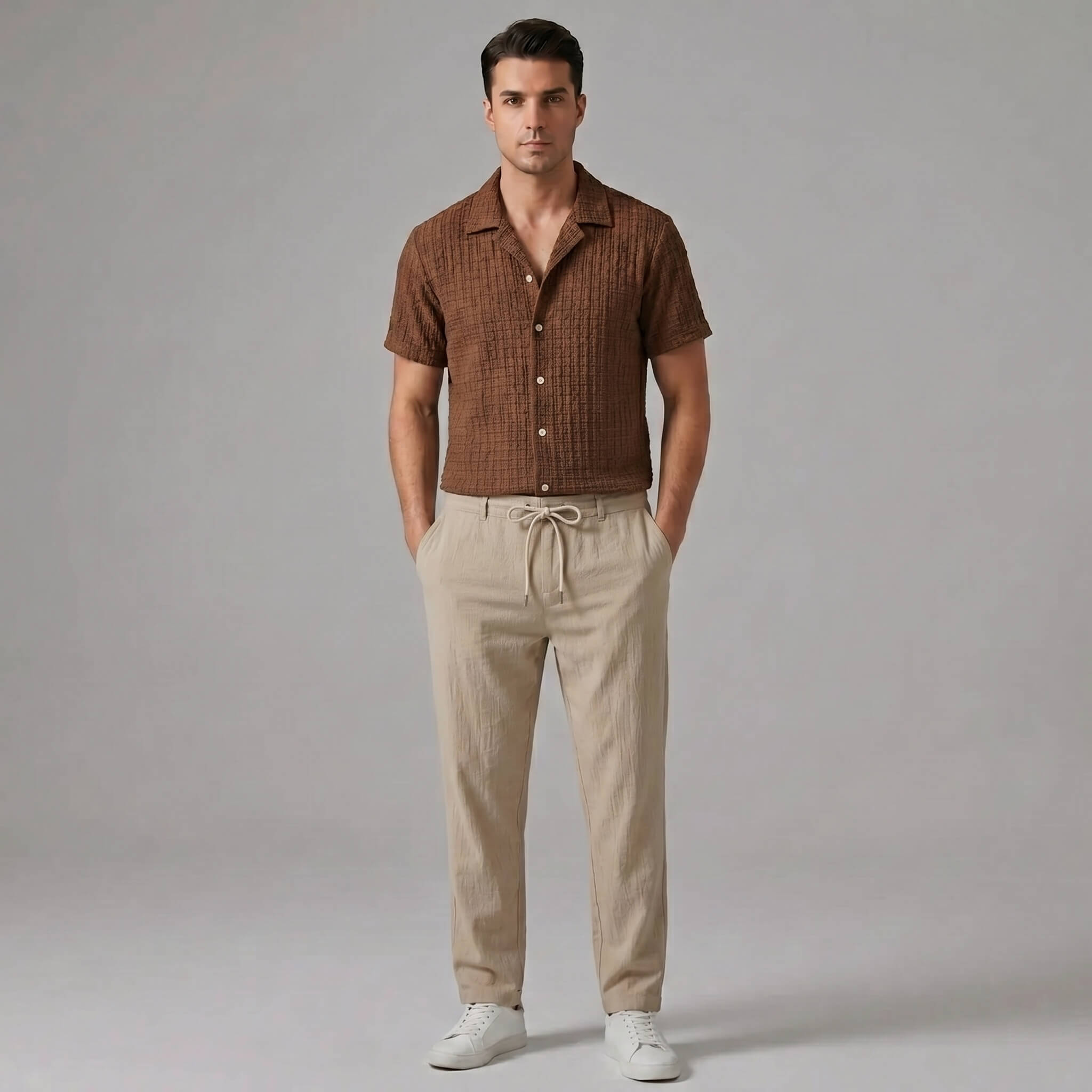 Man wearing a coffee brown jacquard Cuban collar shirt and crinkle textured straight leg pants front view