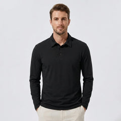 Man wearing a coffee solid long sleeve cotton polo shirt front view on plain background