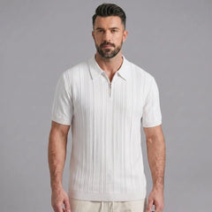 Back view of man wearing coffee stripe jacquard knit zip-up polo shirt