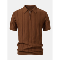 Stripe Jacquard Knit Zip-Up Polo Shirt | Smart Casual Short Sleeve