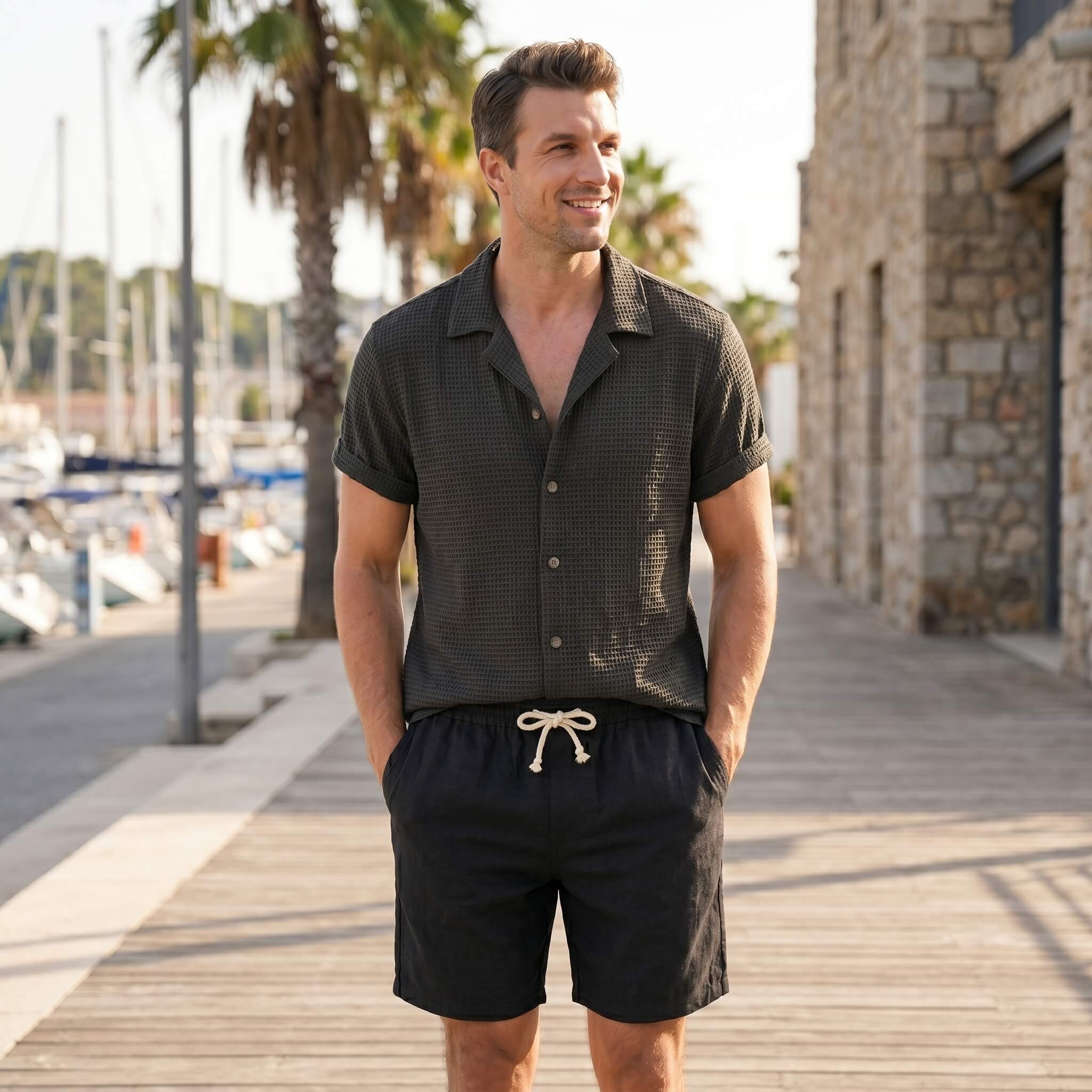 Man wearing coffee brown textured Cuban shirt and linen drawstring shorts in outdoor lifestyle setting