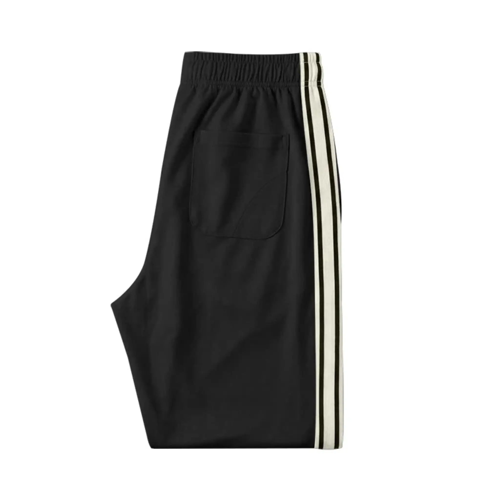 MannerCo black color-block jogger pants back view product display with contrast tape side stripe