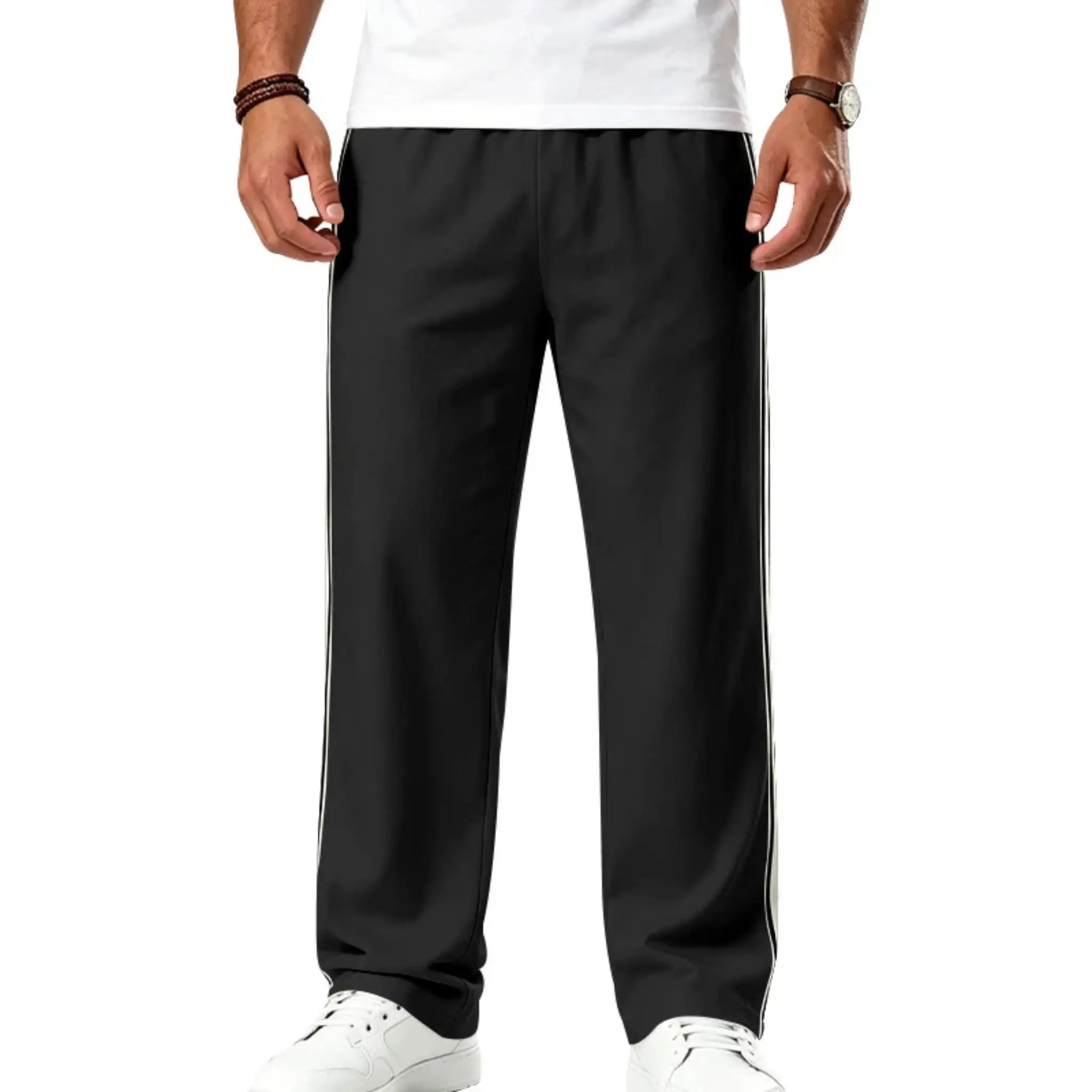 MannerCo black color-block jogger pants back view with contrast tape detail, product display