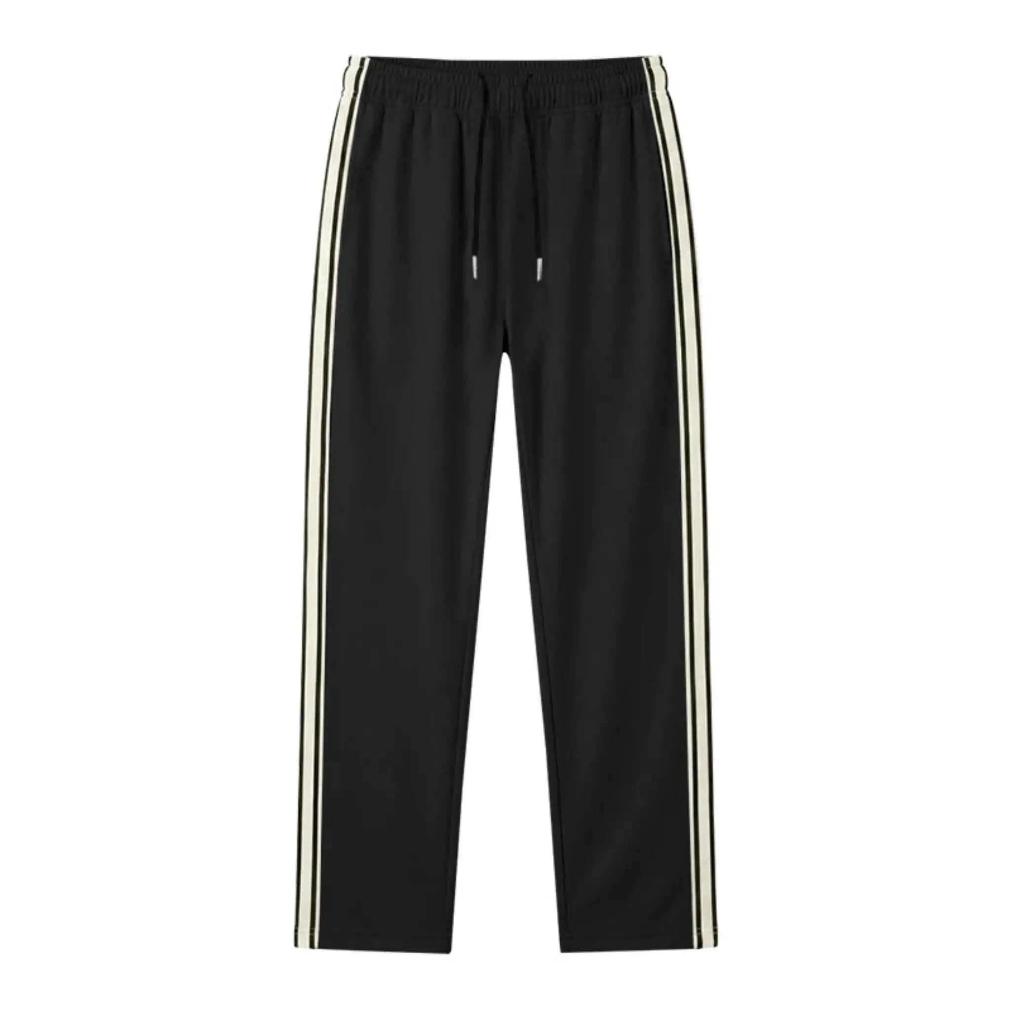 MannerCo black color-block drawstring jogger pants with contrast tape side stripe, product display