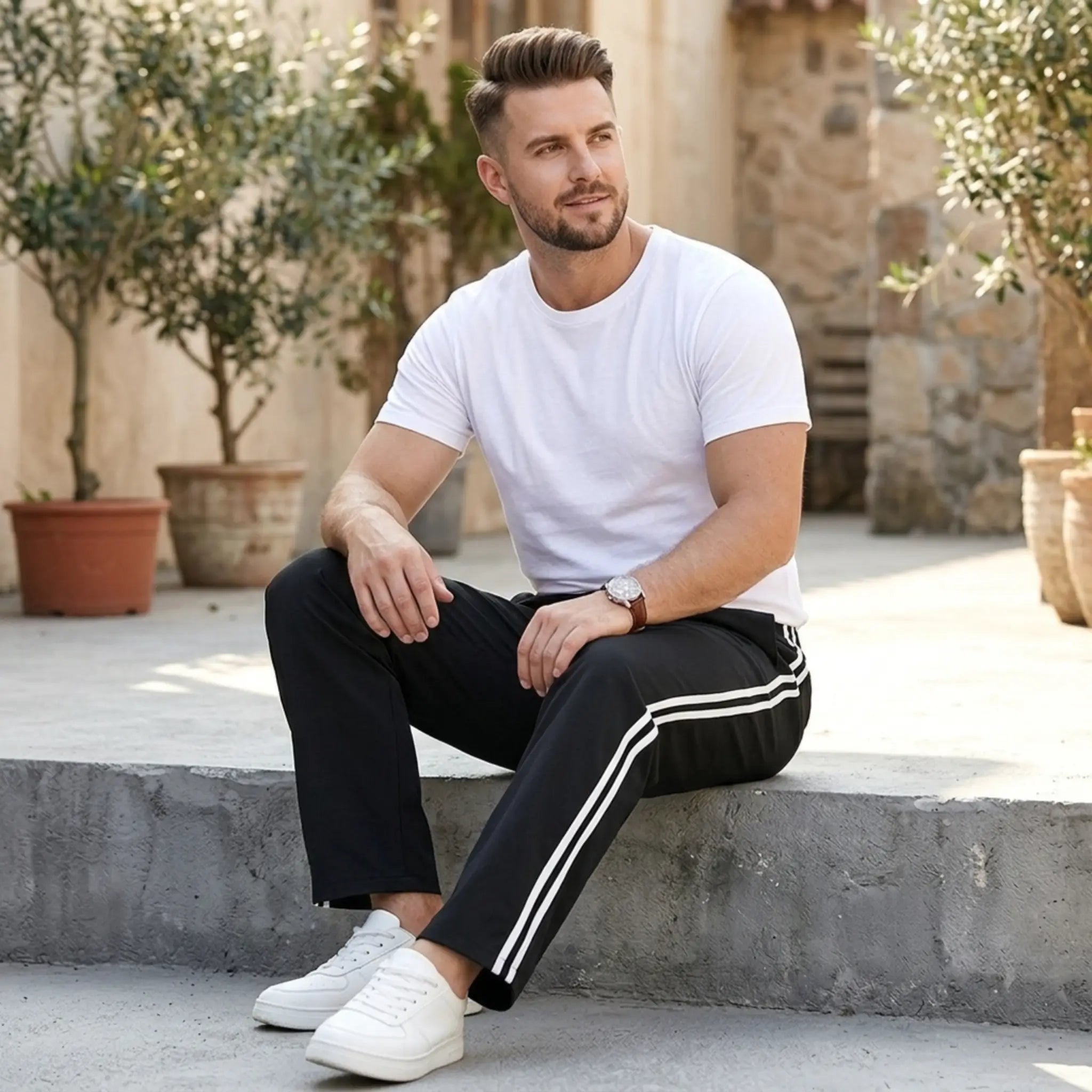 Man wearing MannerCo grass green color-block drawstring jogger pants with contrast tape detail, front view