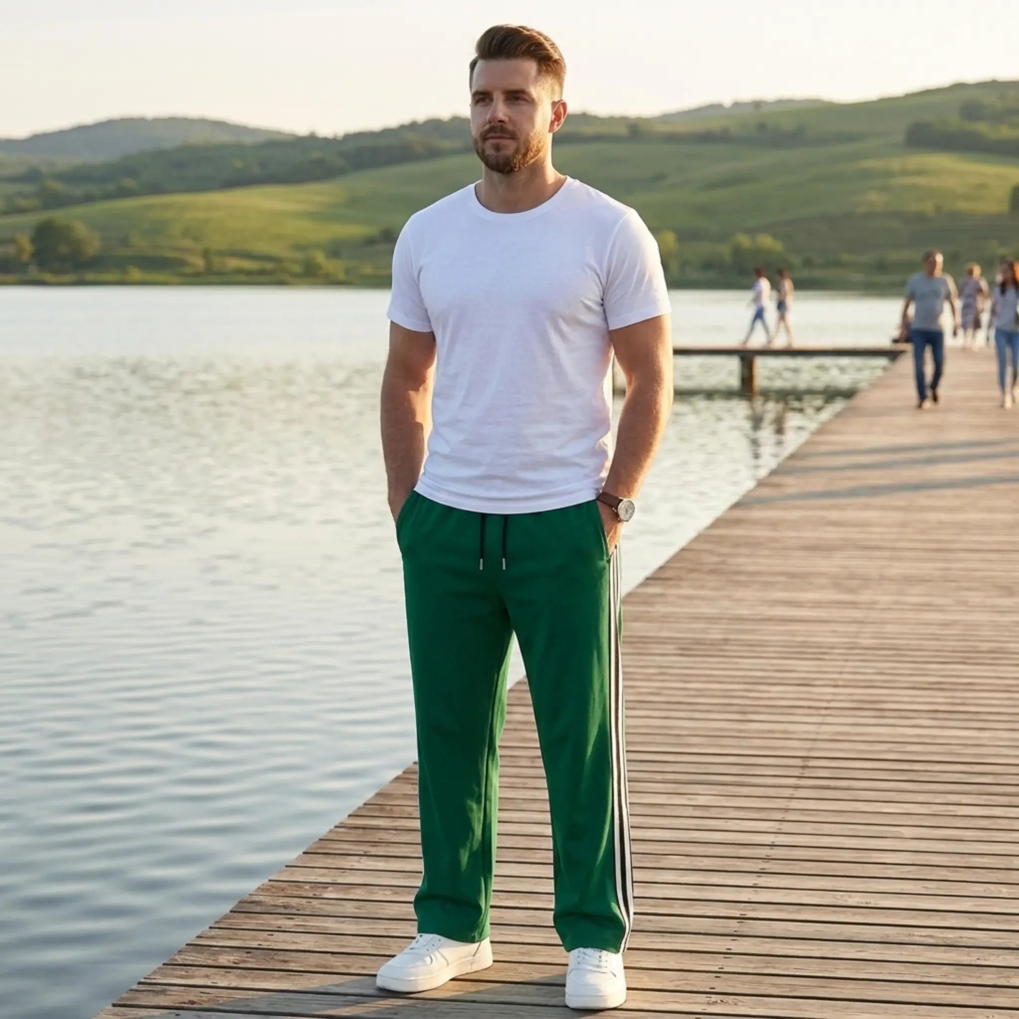 Man wearing MannerCo grass green color-block drawstring jogger pants in outdoor lifestyle setting