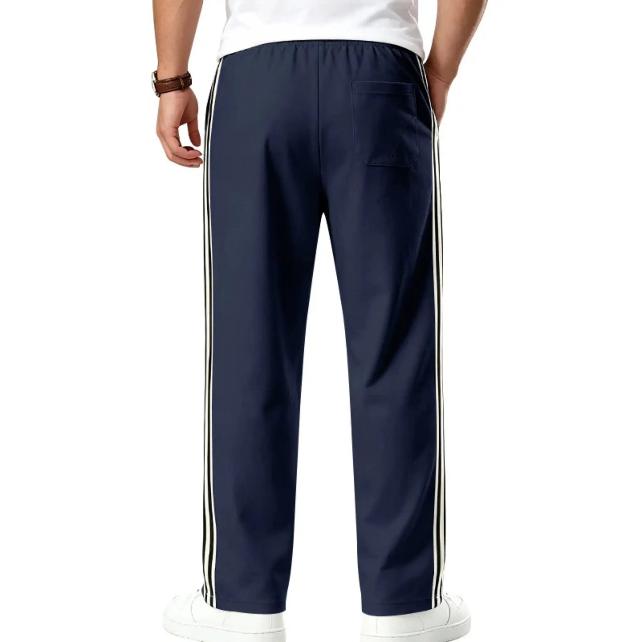MannerCo navy blue color-block drawstring jogger pants back view with contrast tape detail display