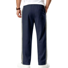 MannerCo navy blue color-block drawstring jogger pants back view with contrast tape detail display