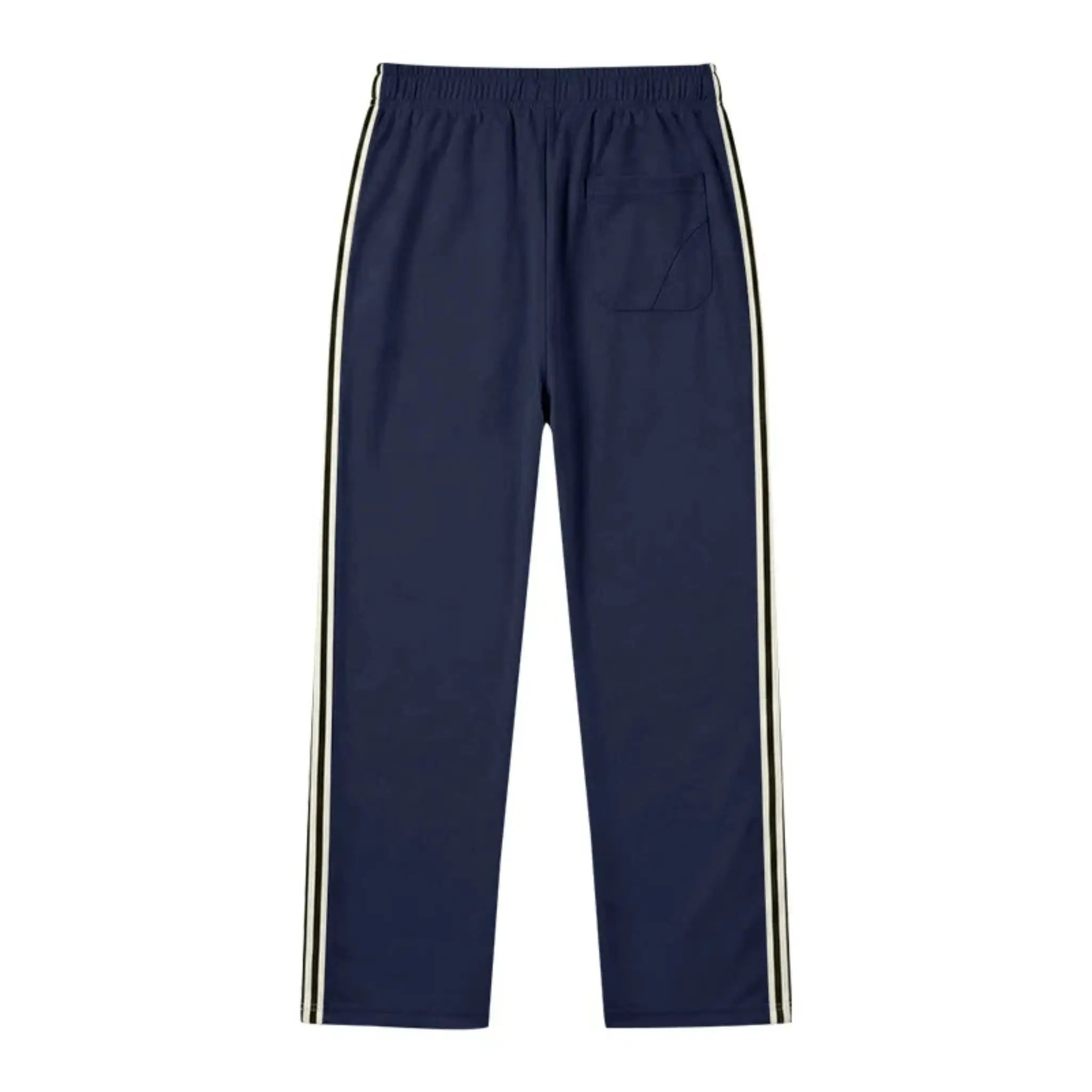 Man wearing MannerCo navy blue color-block drawstring jogger pants, back view on plain background