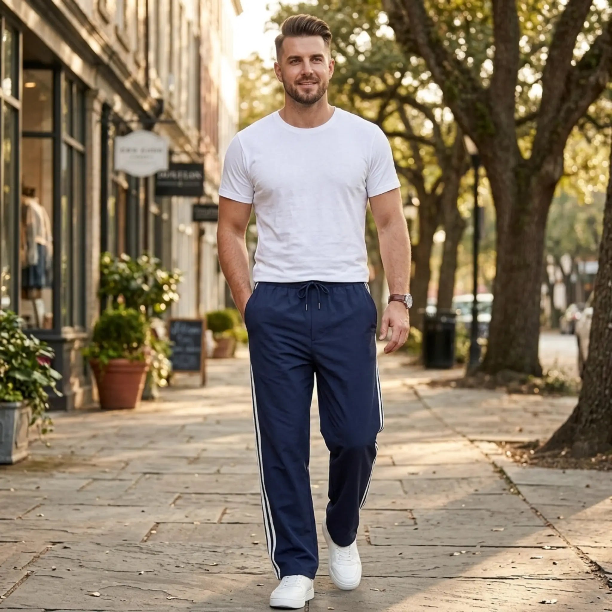 Man wearing MannerCo navy blue color-block jogger pants in outdoor lifestyle setting