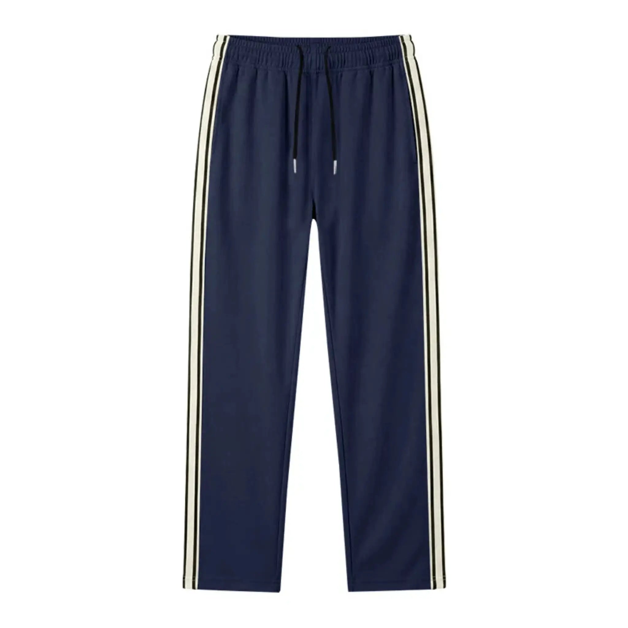 MannerCo navy blue color-block drawstring jogger pants with contrast tape side stripe, product display