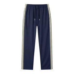 MannerCo navy blue color-block drawstring jogger pants with contrast tape side stripe, product display