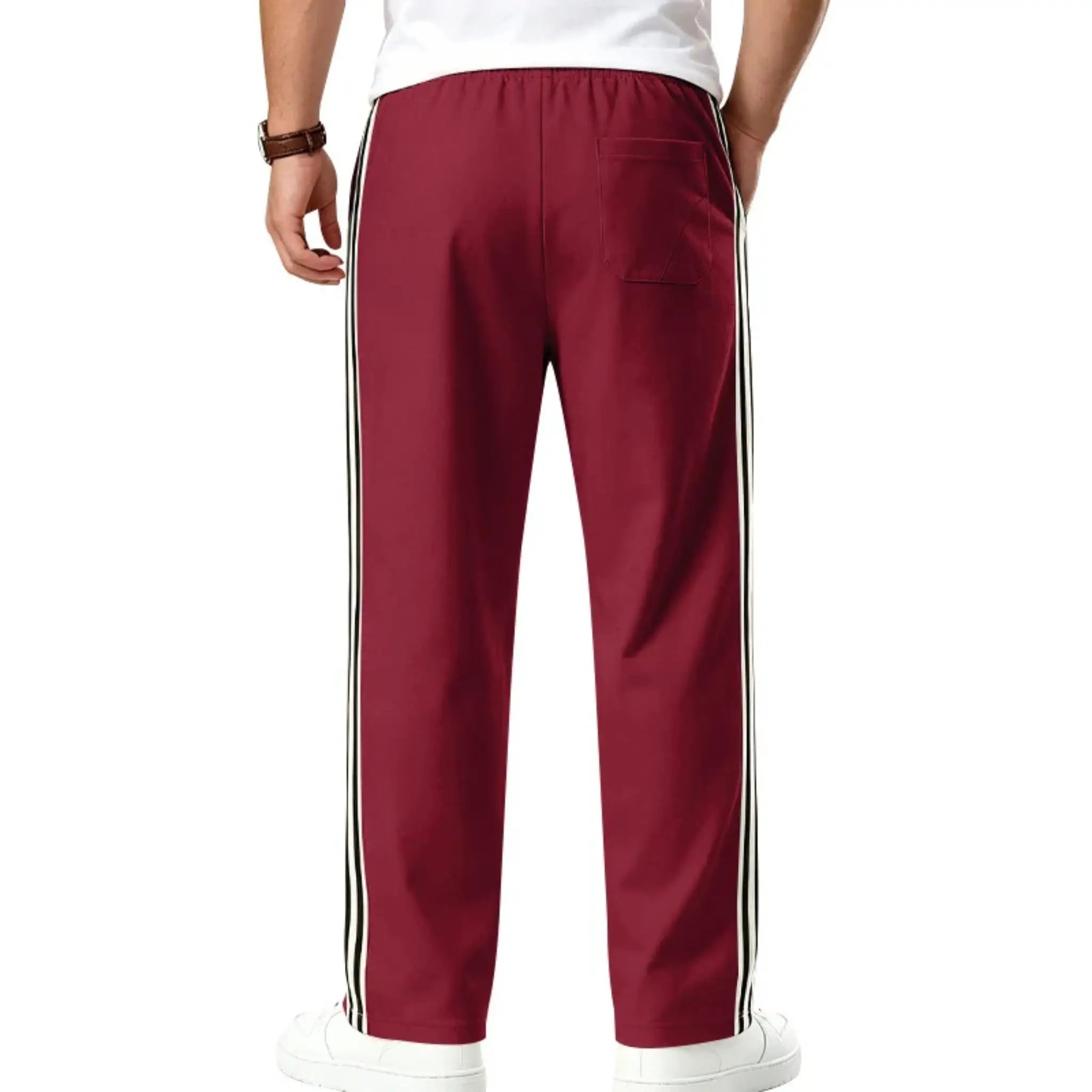MannerCo wine red color-block jogger pants back view product display with contrast tape side stripe