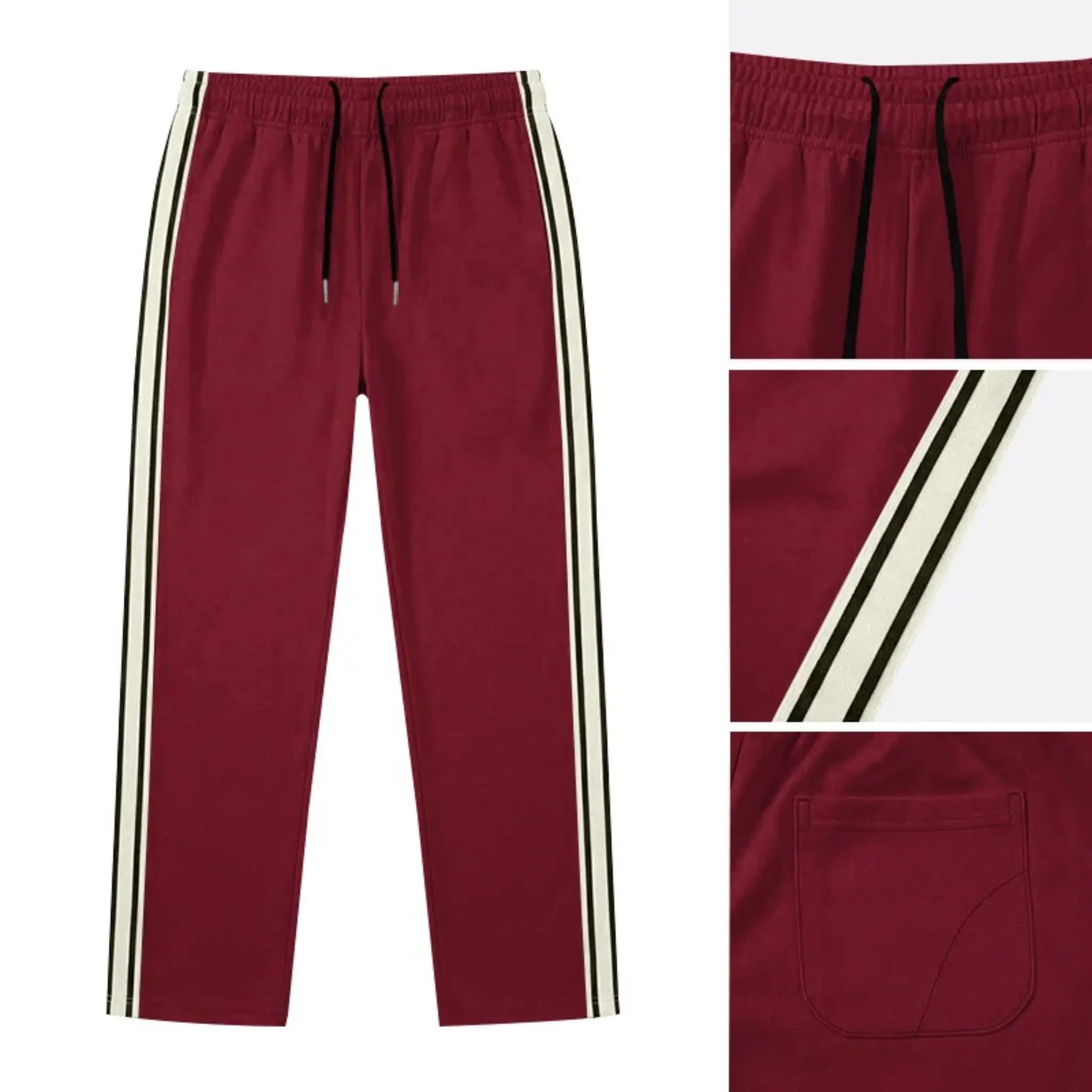 Man wearing MannerCo wine red color-block drawstring jogger pants, front view on plain background