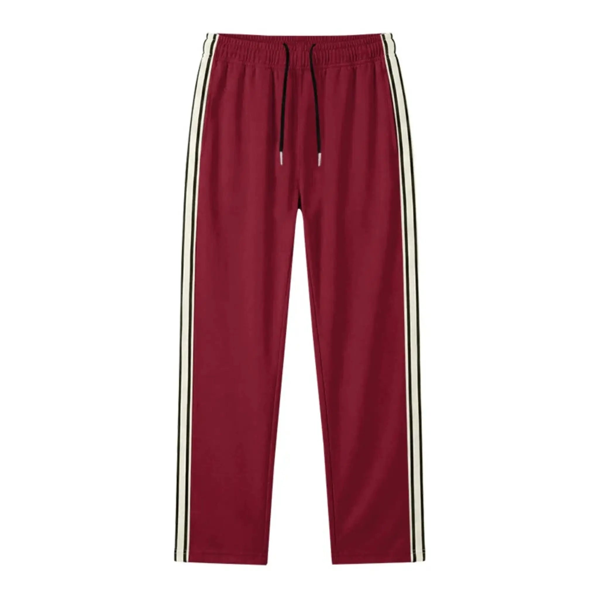 MannerCo wine red color-block drawstring jogger pants product display with contrast tape detail