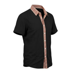 Contrast Collar Linen Blend Shirt - Short Sleeve Casual Shirt