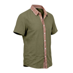Contrast Collar Linen Blend Shirt - Short Sleeve Casual Shirt