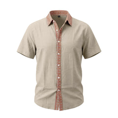 Contrast Collar Linen Blend Shirt - Short Sleeve Casual Shirt