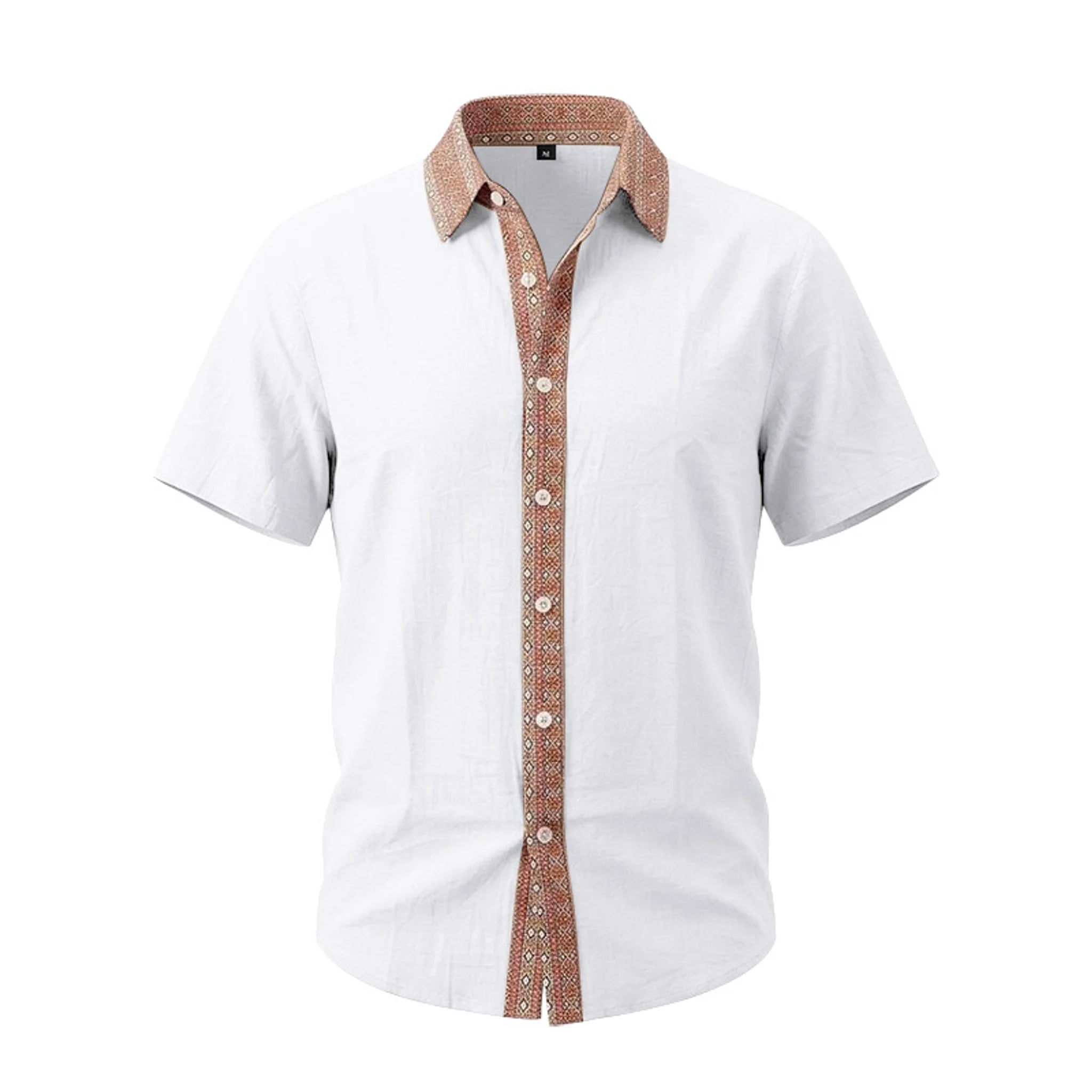 A white short-sleeve button-up shirt with a contrasting brown patterned inner collar, placket, and buttons, shown on a plain white background.