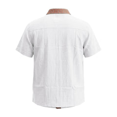 Contrast Collar Linen Blend Shirt - Short Sleeve Casual Shirt