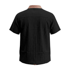 Contrast Collar Linen Blend Shirt - Short Sleeve Casual Shirt