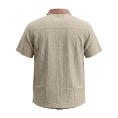 Contrast Collar Linen Blend Shirt - Short Sleeve Casual Shirt