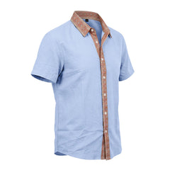 Contrast Collar Linen Blend Shirt - Short Sleeve Casual Shirt