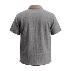 Contrast Collar Linen Blend Shirt - Short Sleeve Casual Shirt