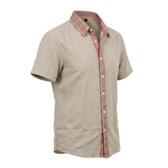 Contrast Collar Linen Blend Shirt - Short Sleeve Casual Shirt