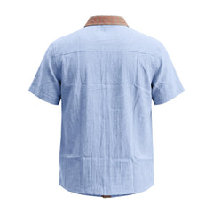 Contrast Collar Linen Blend Shirt - Short Sleeve Casual Shirt