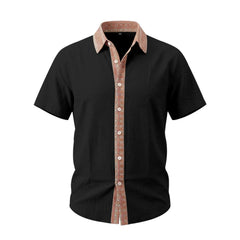 Contrast Collar Linen Blend Shirt - Short Sleeve Casual Shirt