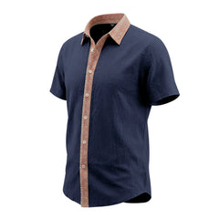 Contrast Collar Linen Blend Shirt - Short Sleeve Casual Shirt