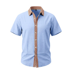 Contrast Collar Linen Blend Shirt - Short Sleeve Casual Shirt