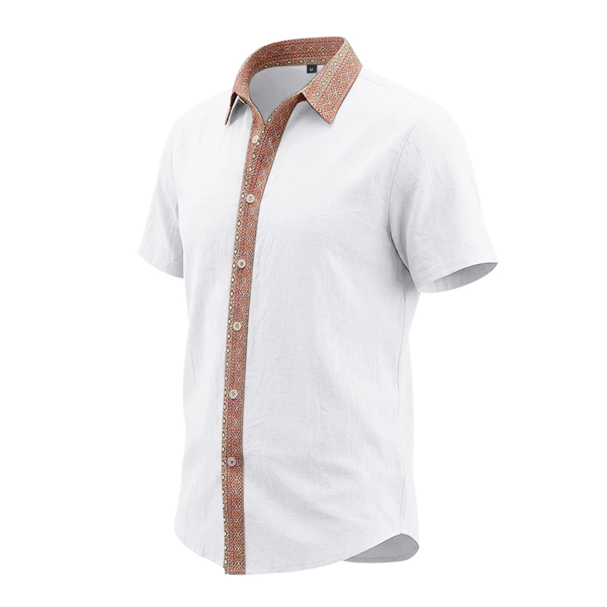 A white short-sleeve button-up shirt with a contrasting brown patterned trim along the collar, placket, and button details, shown on a plain white background.