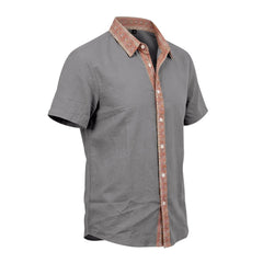 Contrast Collar Linen Blend Shirt - Short Sleeve Casual Shirt