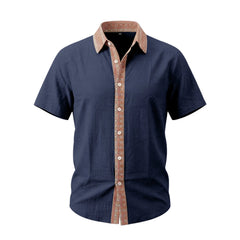 Contrast Collar Linen Blend Shirt - Short Sleeve Casual Shirt