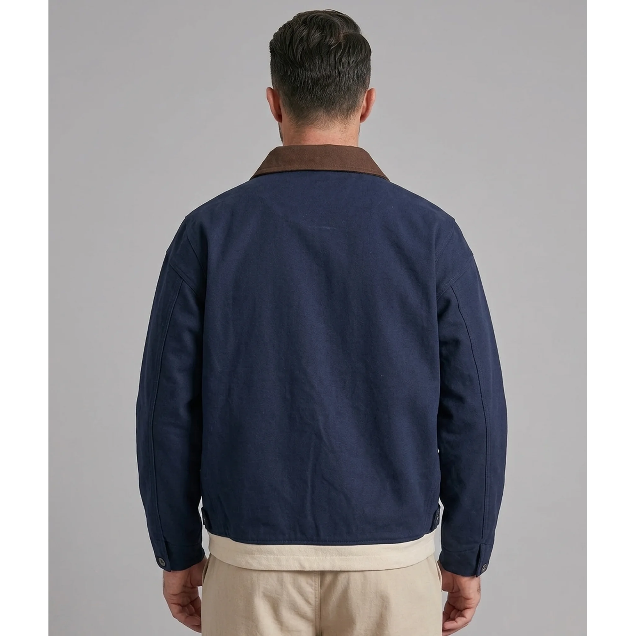 MannerCo blue contrast lapel workwear jacket back view with contrast collar detail