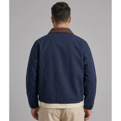 MannerCo blue contrast lapel workwear jacket back view with contrast collar detail