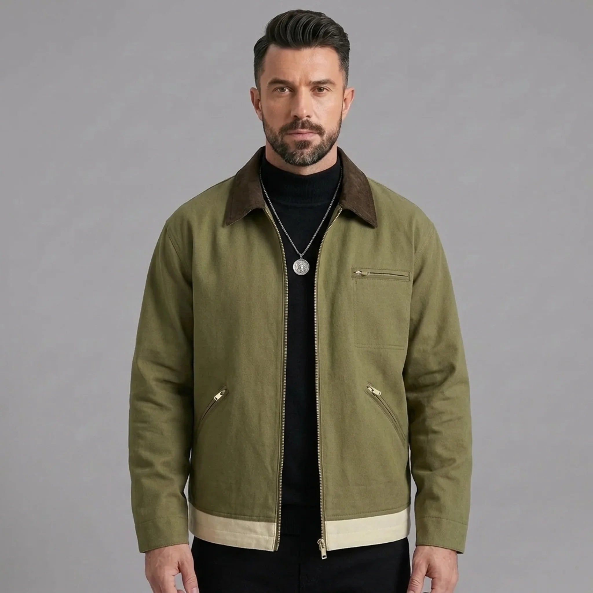 Man wearing MannerCo blue contrast lapel workwear jacket in outdoor lifestyle setting